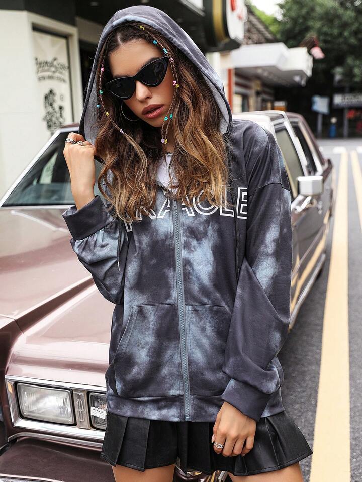 SHEIN Coolane Tie Dye Letter Graphic Zip Up Drop Shoulder Drawstring Hoodie  | SHEIN USA