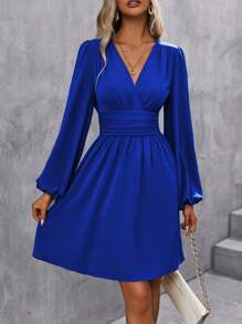 EMERY ROSE Surplice Neck Lantern Sleeve Ruched Waist Dress Fall Cloth For Women - Royal Blue - View 4
