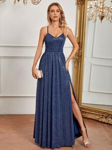 SHEIN Belle 高衩金屬亮絲正式洋裝 - 藍色 - 查看 5