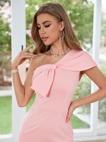 MUXXN 優雅開衩 拉鍊 大蝴蝶結純色女士連衣裙 - 粉色 - 查看 5