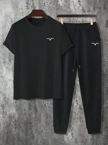 Manfinity Homme Men Seagull Graphic Print Tee & Drawstring Waist Sweatpants - Black - View 4