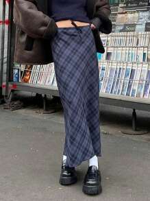 Plaid Print Skirt - Blue - View 1