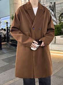 Claim Dot Loose Men's Double Breasted Trench Coat With Flap Detail - Coffee Brown - View 3
