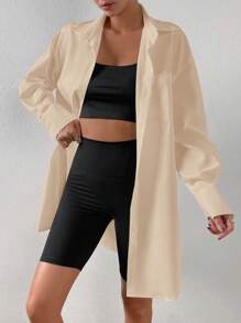 SHEIN EZwear Solid Drop Shoulder Pocket Patched Shirt - Apricot - View 4