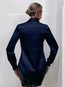 Allurite Solid Button Front Satin Shirt,Long Sleeve Tops Fall Cloth For Women - Navy Blue - View 2