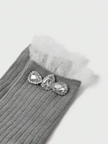 1pair Kids' Sparkly Bubble Edge Socks With Rhinestone Accent - Grey - View 4