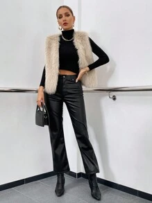 Allurite Open Front Fuzzy Vest Coat - Apricot - View 6