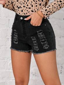 Ripped Raw Hem Denim Shorts - Black - View 5
