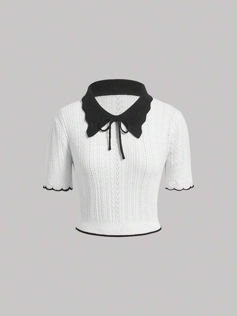 SHEIN MOD 拼接領網眼針織上衣 - 白色 - 查看 1