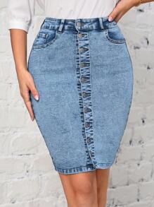 SHEIN LUNE Falda en mezclilla con botón delantero ajustado - Lavado ligero - Ver 1