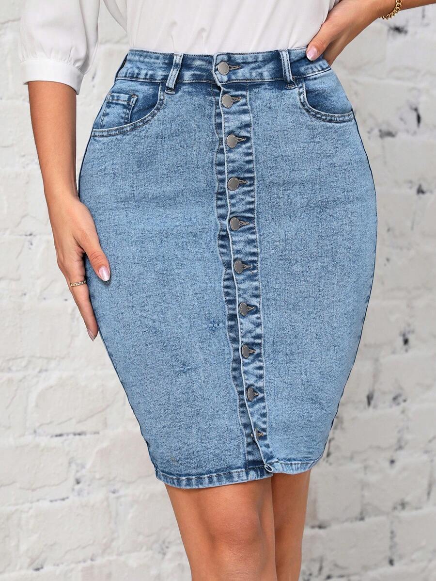 SHEIN LUNE Falda en mezclilla con botón delantero ajustado - Lavado ligero - Ver 1