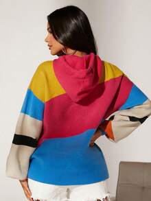 SHEIN SXY Letter Graphic Colorblock Drop Shoulder Drawstring Hooded Sweater - Multicolor - View 2