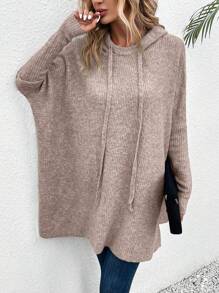 SHEIN LUNE Suéter de punto con capucha con cordón y mangas de murciélago para otoño e invierno - Caqui - Ver 1