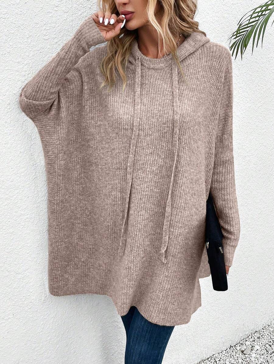 SHEIN LUNE Suéter de punto con capucha con cordón y mangas de murciélago para otoño e invierno - Caqui - Ver 1