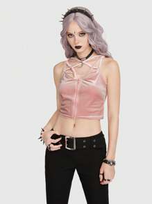 ROMWE Goth Solid Zip Up Velvet Cami Top - Pink - View 1