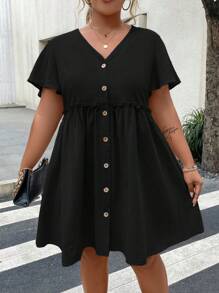 Vionelle Plus Button Front Frill Trim Dress - Black - View 6