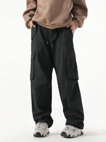 ROMWE MEN Spring Casual Graphic Men Flap Pocket Side Drawstring Waist Cargo Baggy Pants, School, For Fall - Black - View 4