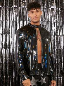 FeverCity Loose Fit Men's Holographic Zip Up Pu Leather Jacket - Black - View 1
