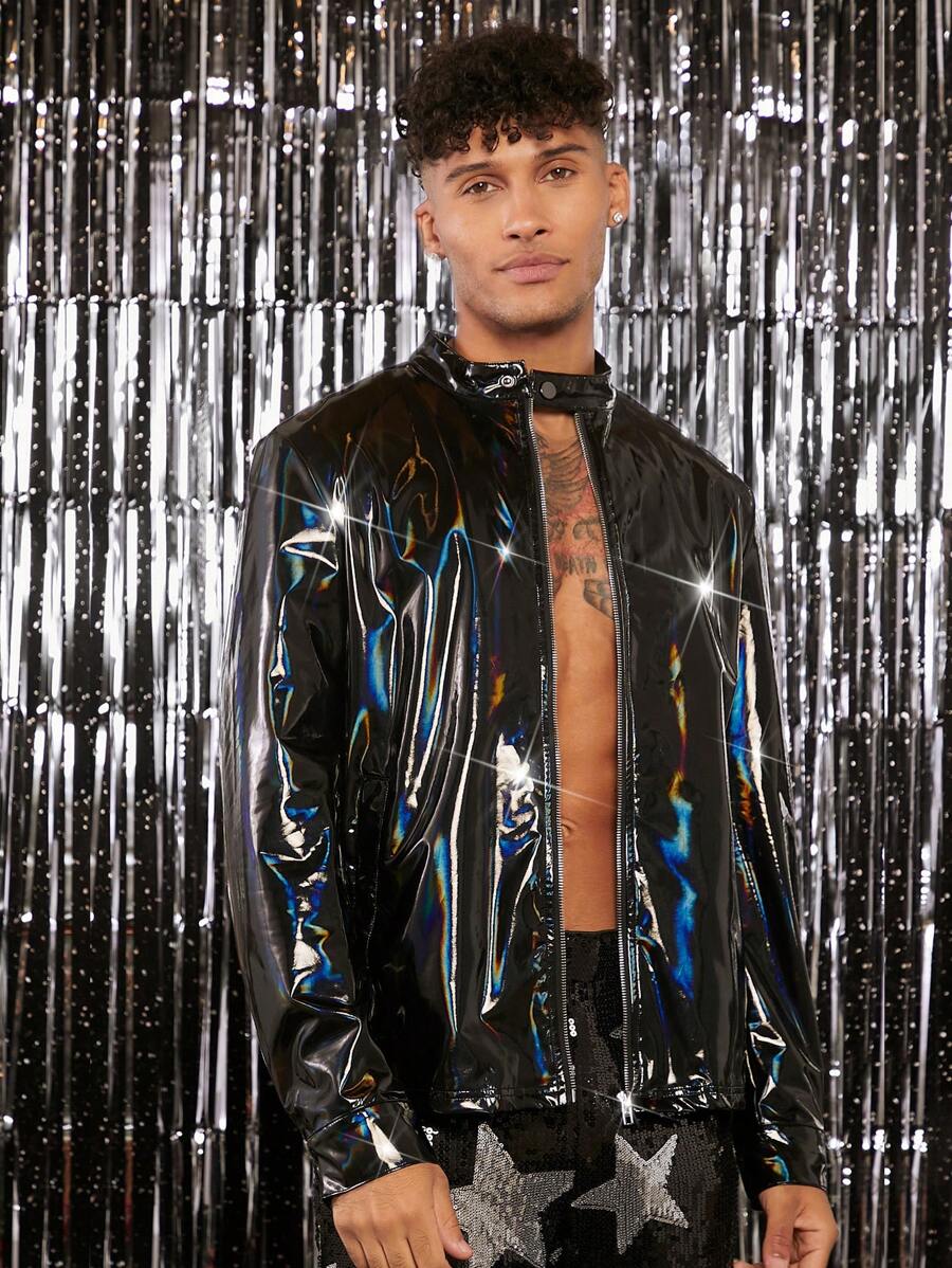 FeverCity Loose Fit Men's Holographic Zip Up Pu Leather Jacket - Black - View 1