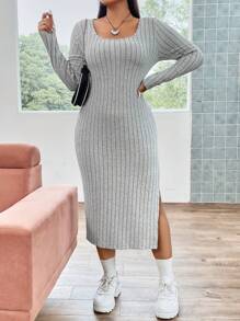 Flirla Plus Split Thigh Ribbed Knit Dress - Grey - View 1