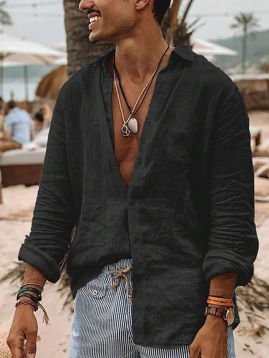 休閒口袋 前紐扣純色男士襯衫 - 黑色 - 查看 1