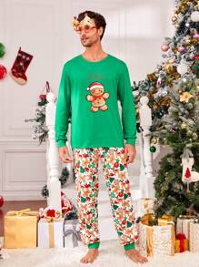 男士聖誕薑餅人印花休閒服套裝適用於聖誕 - 綠色 - 查看 5