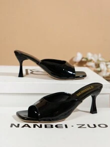 NANBEI ZUO 女士时尚方头高跟凉鞋，饰有精美图案，防滑鞋底，优雅经典高跟拖鞋，适合万圣节、婚礼、春夏穿着，猫跟鞋 - 黑色 - 查看 3