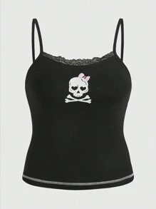 ROMWE Kawaii Plus Skull Embroidery Cami Top - Black - View 1