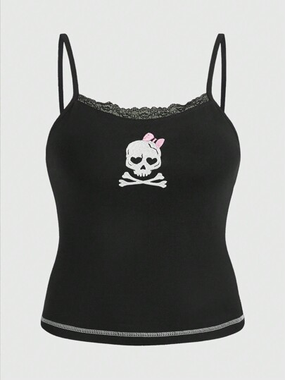 Kawaii Plus Skull Embroidery Cami Top