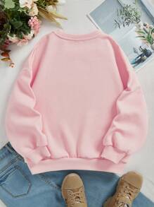 SHEIN Tween Girl Casual Pattern Long Sleeve Crewneck Thick Sweatshirt, Suitable For Autumn And Winter - Baby Pink - View 2