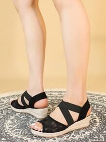 女士时尚草编网眼透气休闲度假厚底坡跟凉鞋 - 黑色 - 查看 6