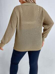 SHEIN LUNE Suéter de punto calado talla grande, suéter de punto de otoño e invierno - Caqui - Ver 2