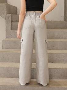 SHEIN Tween Girl Flap Pocket Side Cargo Jeans Summer Holiday - Grey - View 2