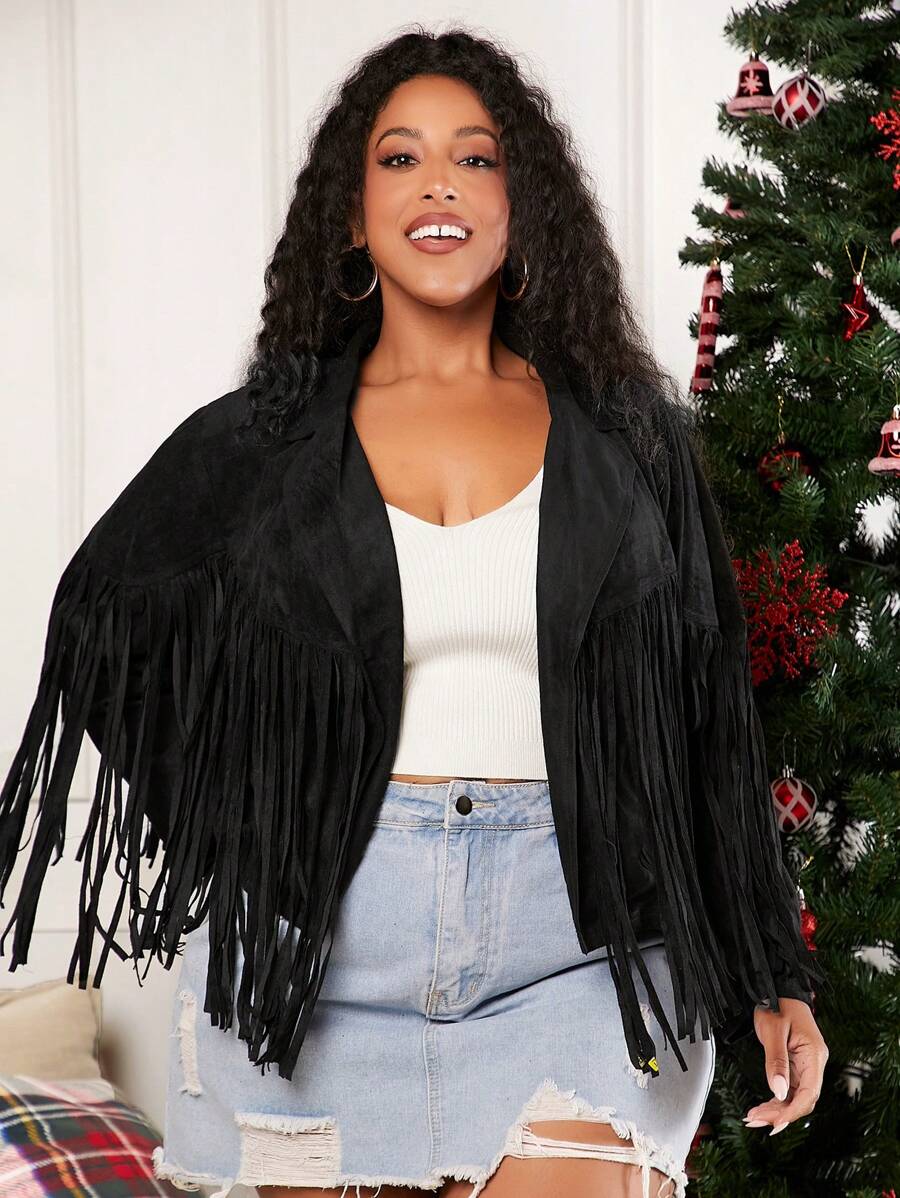 SHEIN CURVE+ Giáng sinh Hơn Viền rìa Mở Mặt trước Áo khoác - màu đen - Xem 1
