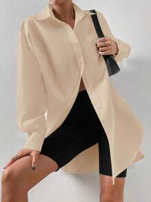 SHEIN EZwear Solid Drop Shoulder Pocket Patched Shirt - Apricot - View 6