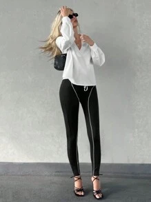 SHEIN Privé Top-stitching Lace Up Front Leggings - Black - View 4