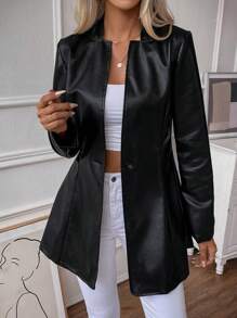 Chiquease 素色PU皮革開門襟外套 - 黑色 - 查看 3