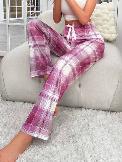 Plaid Print Tie Front Pajama Sleep Pants, Fall, Winter