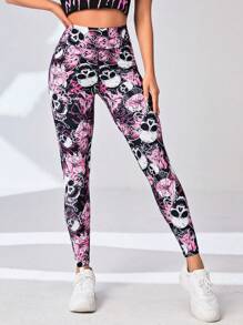 SHEIN Unity 花卉与骷髅印花宽腰运动紧身裤瑜伽女裤 - 彩色 - 查看 2
