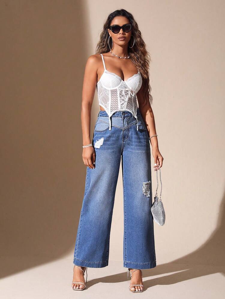 High Waist Ripped Wide Leg Jeans
