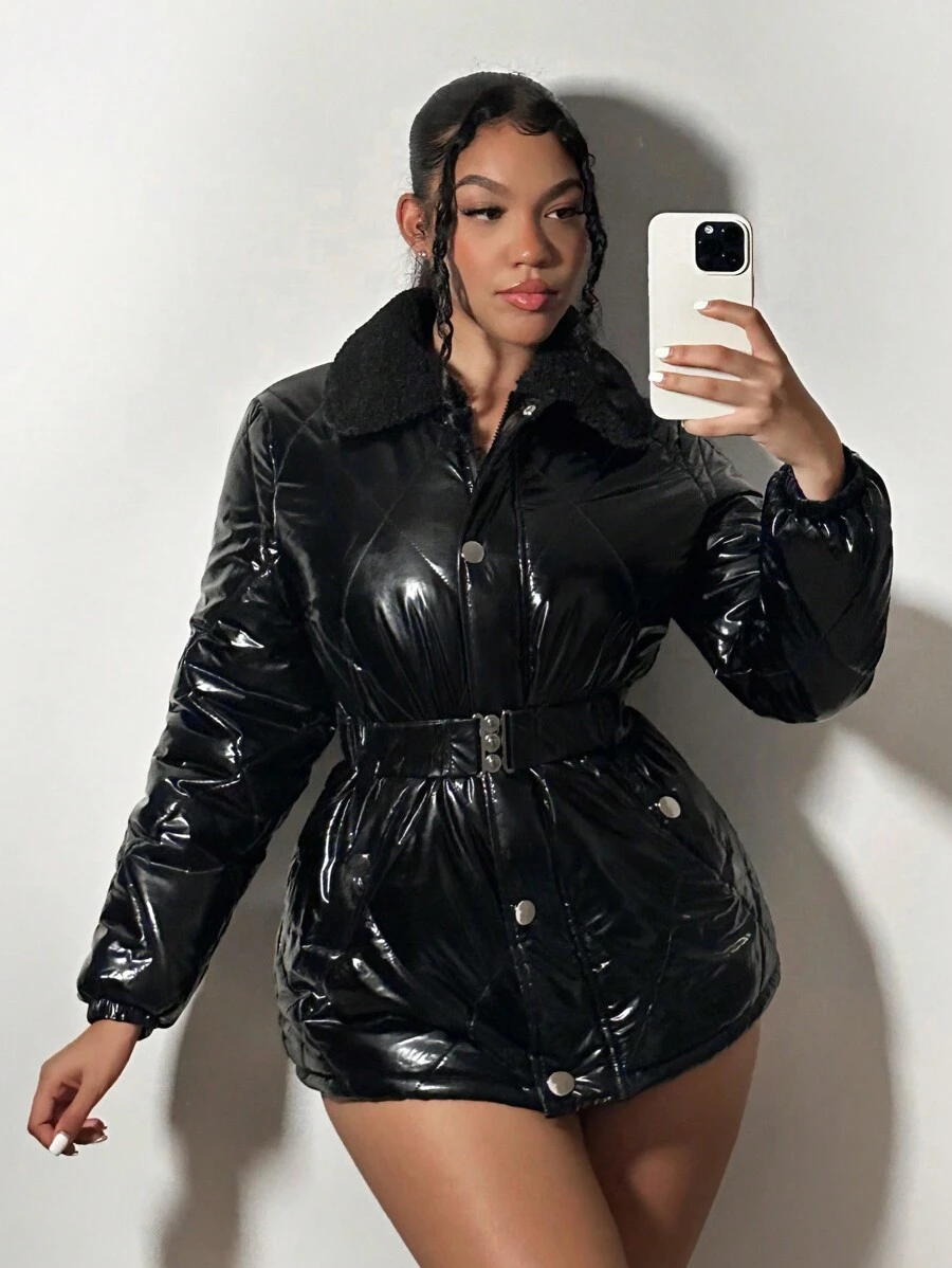 SHEIN SXY Áo khoác đệm có khóa kéo cho mùa đông - màu đen - Xem 1