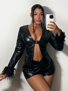 SHEIN SXY Fuzzy Cổ tay áo Chi tiết nút buộc chất liệu da PU Áo khoác - màu đen - Xem 5