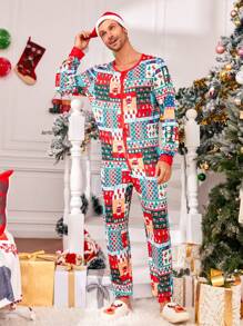 Men Christmas Print Zip Up Sleep Jumpsuit for Christmas - Multicolor - View 3