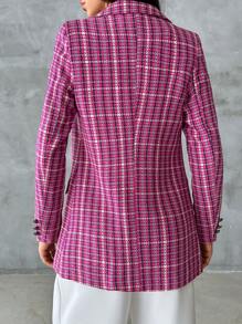 Women's Check Pattern Notched Lapel Single Button Flap Pocket Long Sleeve Blazer - Pink - View 2
