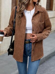 SHEIN LUNE Abrigo de pana con botones y hombros caídos - Café integral - Ver 4