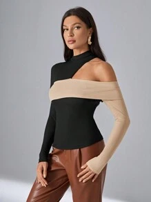 Firerie Camiseta de color combinado de cuello asimétrico - Negro - Ver 7