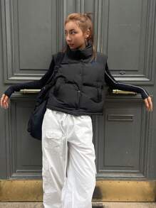 DAZY 字母图案按扣前背心加厚棉衣，女式冬季外套 - 黑色 - 查看 7