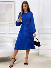 SHEIN Privé Lantern Sleeve Pleated Hem Belted Dress