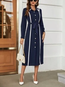 SHEIN Clasi 拼接邊腰帶襯衫洋裝 - 藏蓝色 - 查看 1