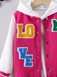 SHEIN Cô Gái Trẻ Đồ họa Chữ cái Sọc trang trí Áo khoác Đại học Không có áo Hoodie - Màu Hồng Tươi - Xem 5